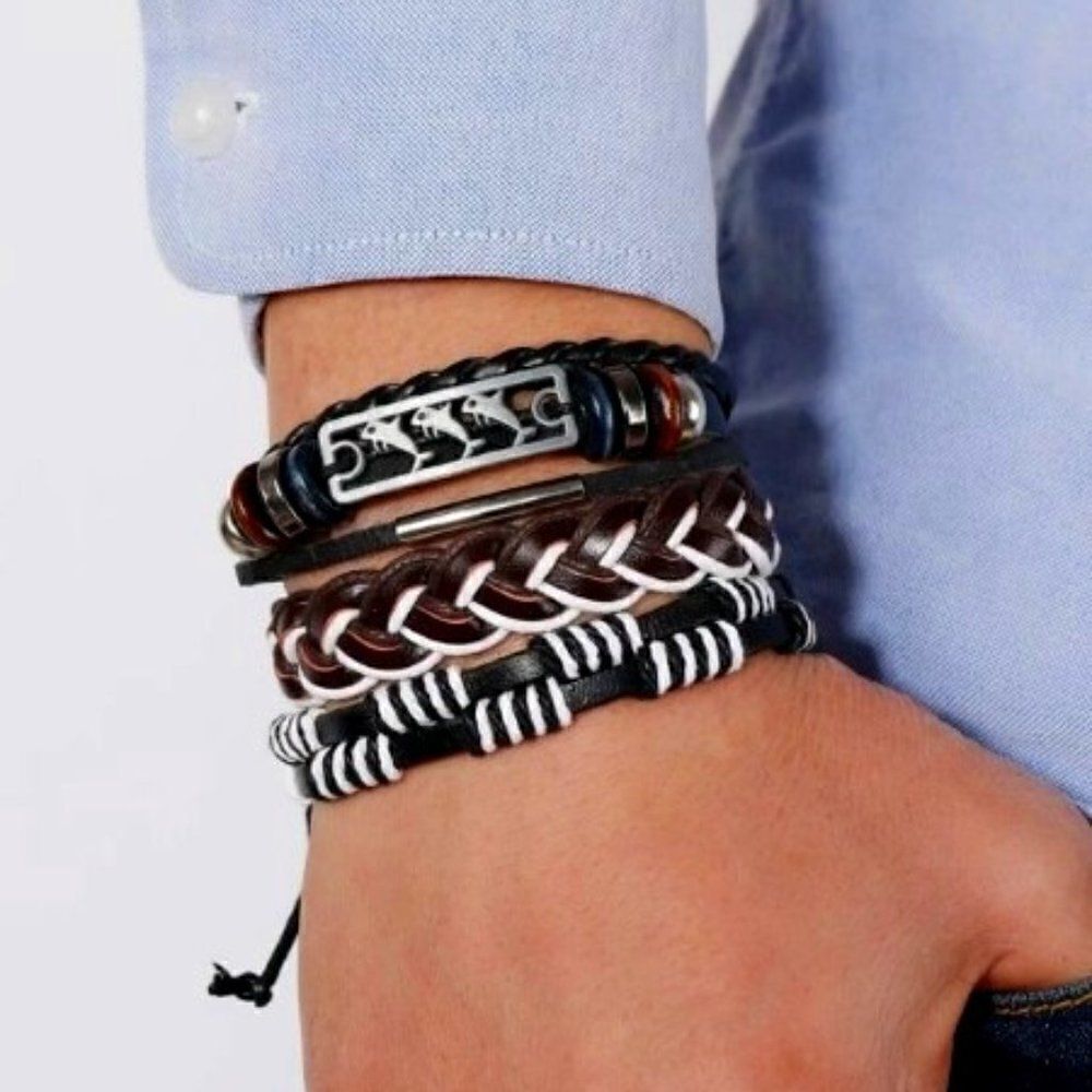 BLACK LEATHER DOLPHIN BRAIDED BRACELET SET